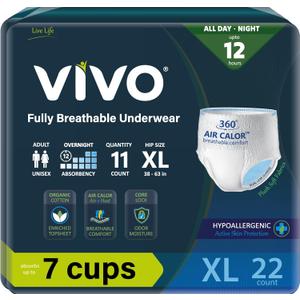 VIVO Organic Cotton Sensitive Skin Overnight Adult Incontinence Pullup Underwear, Women & Men, X-Large 22 Count