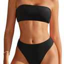 SUUKSESS Women Sexy High Waisted Bandeau Bikini Set Cheeky High Cut Two Piece Swimsuit Strapless Reversible Bathing Suit (Black/ White, XL)