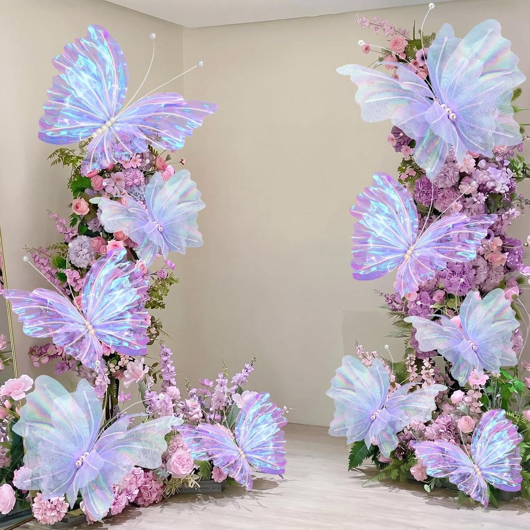 10 Pcs 24'' 20'' 12'' Large Laser Purple Pearl Butterfly Decoration 3 Sizes Giant Mariposas Grandes Para Decor Big 3D Silk Butterfly for Indoor Outdoor Wedding Baby Shower Women Birthday Hanging Decor