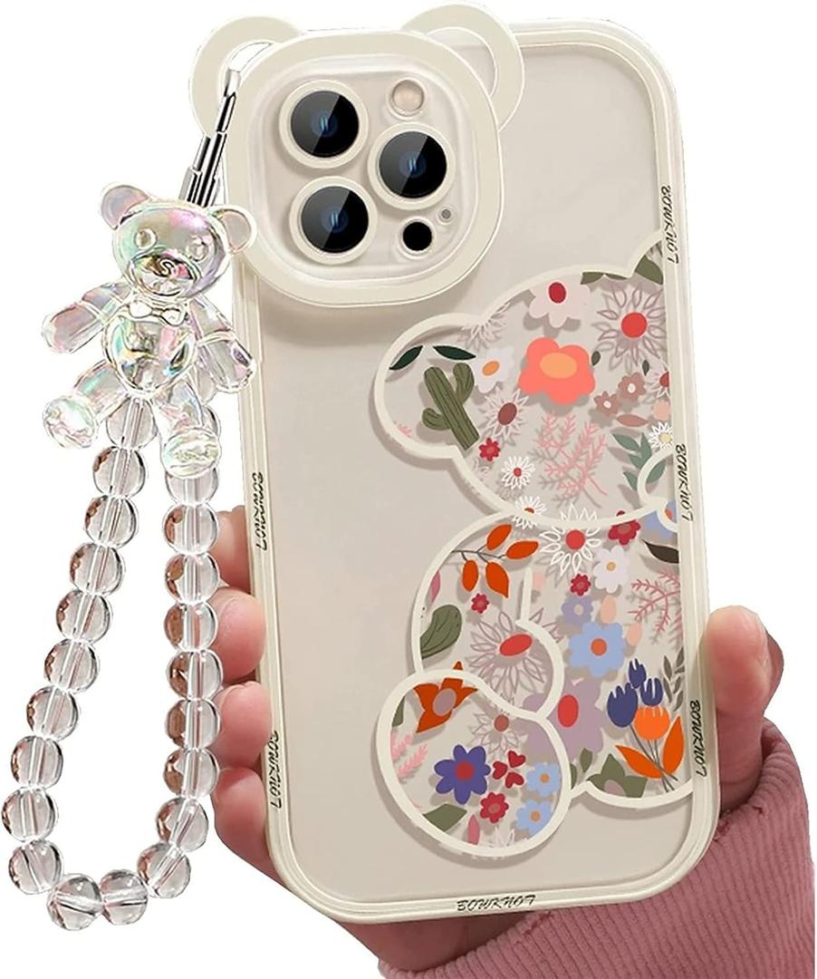 Compatible with iPhone XR Case, Cute Flowers Floral Bear Cover with Lovely Wrist Strap Bracelet Chain for Girls Women, Clear Kawaii Camera Protection Pretty Trendy Phone Skin
