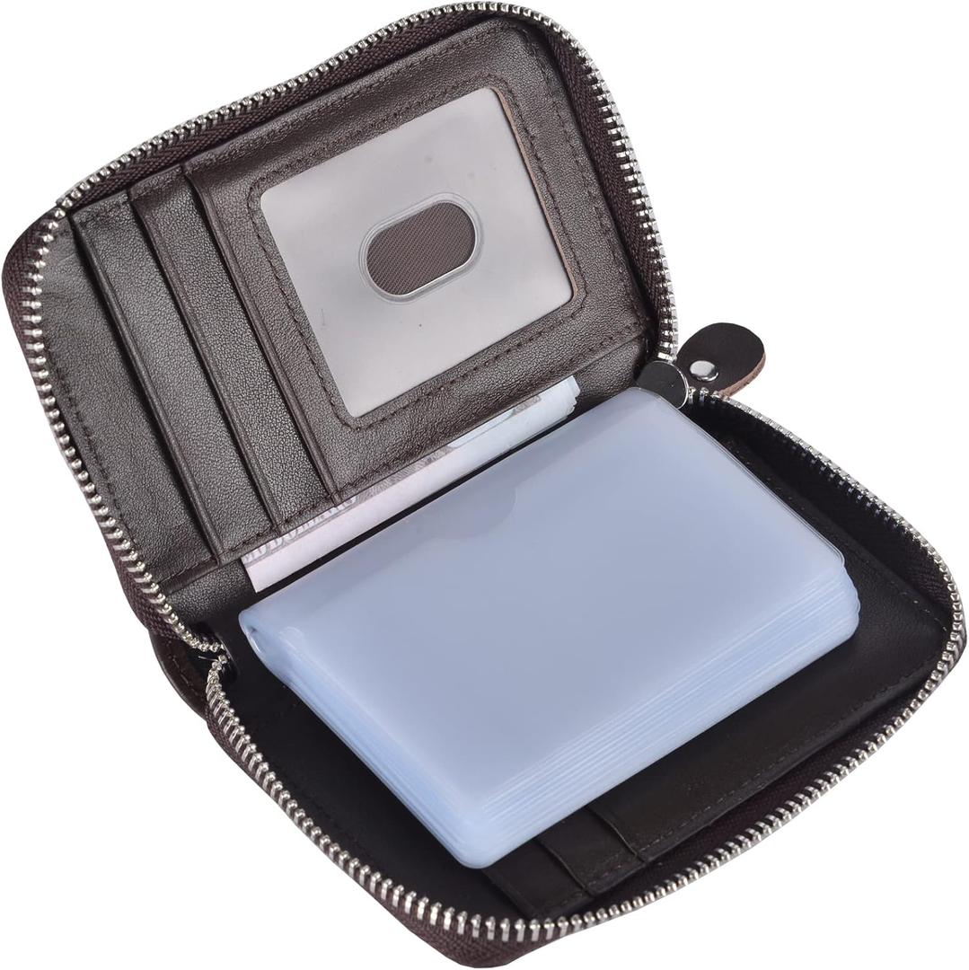 Credit Card Wallet Holder Zip Bifold Wallet Genuine Leather 25 Card Slots (Coffee)