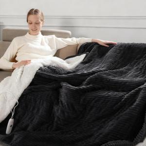 Electric Blanket Throw 50''x60''- Fast Heating Blanket with 5 Heat Settings & 4 Hours Auto Off, Striped Pattern Flannel & Sherpa-lined Heated Blanket Throw, ETL Certified, Overheat Protection (07-charcoal Grey)