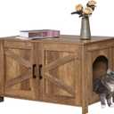 Homhedy Cat Litter Box Enclosure, Wooden Cat Washroom Furniture with Barn Door, Pet House, Fit Most of Litter Box, Rustic Walnut (31.5L x 19.7W x 19.7H)
