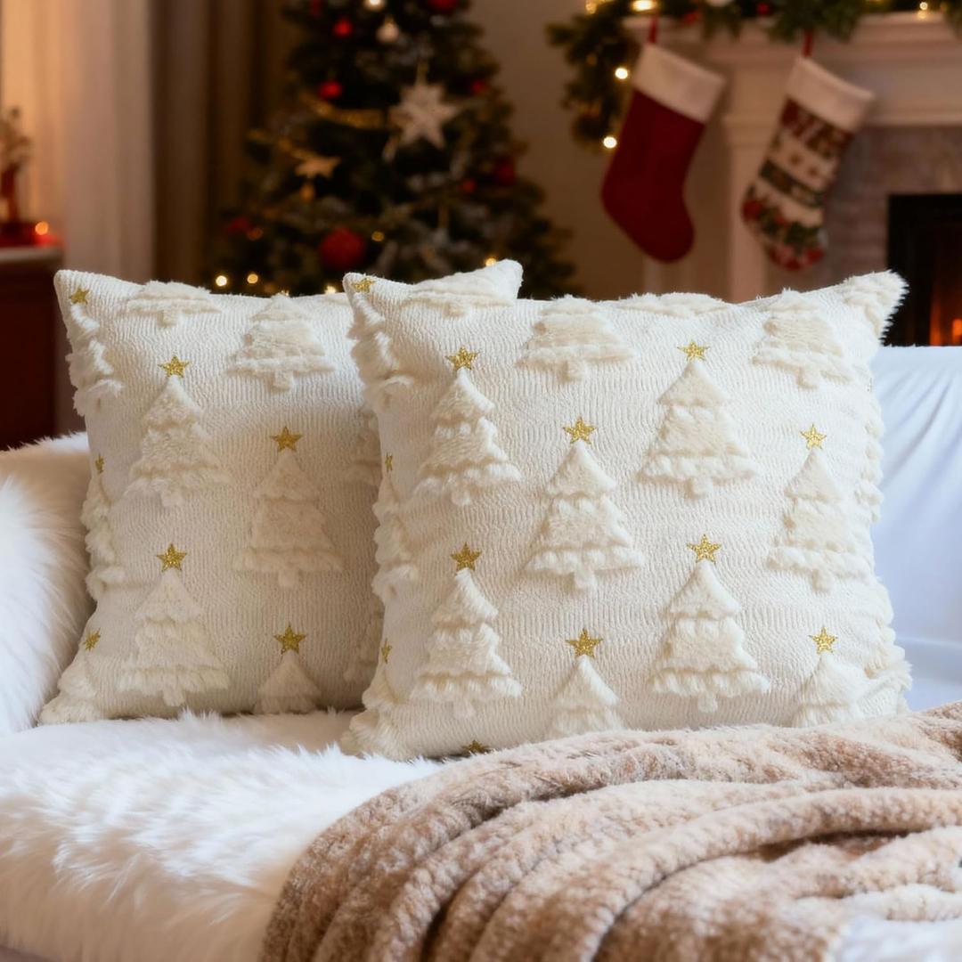 Christmas Pillow Covers 18x18 Set of 2,Christmas Decorations Winter Throw Pillow Covers Home Decor (Beige)