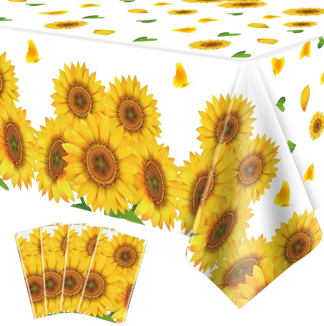 4 Pack Sunflower Tablecloth 51 x 86 Inch Plastic Rustic Sunflower Tablecloth Sunflower Party Tablecloth Sunflower Birthday Party Table Cloth Sunflower Table Covers for Indoor Outdoor Party Decorations (White&yellow)