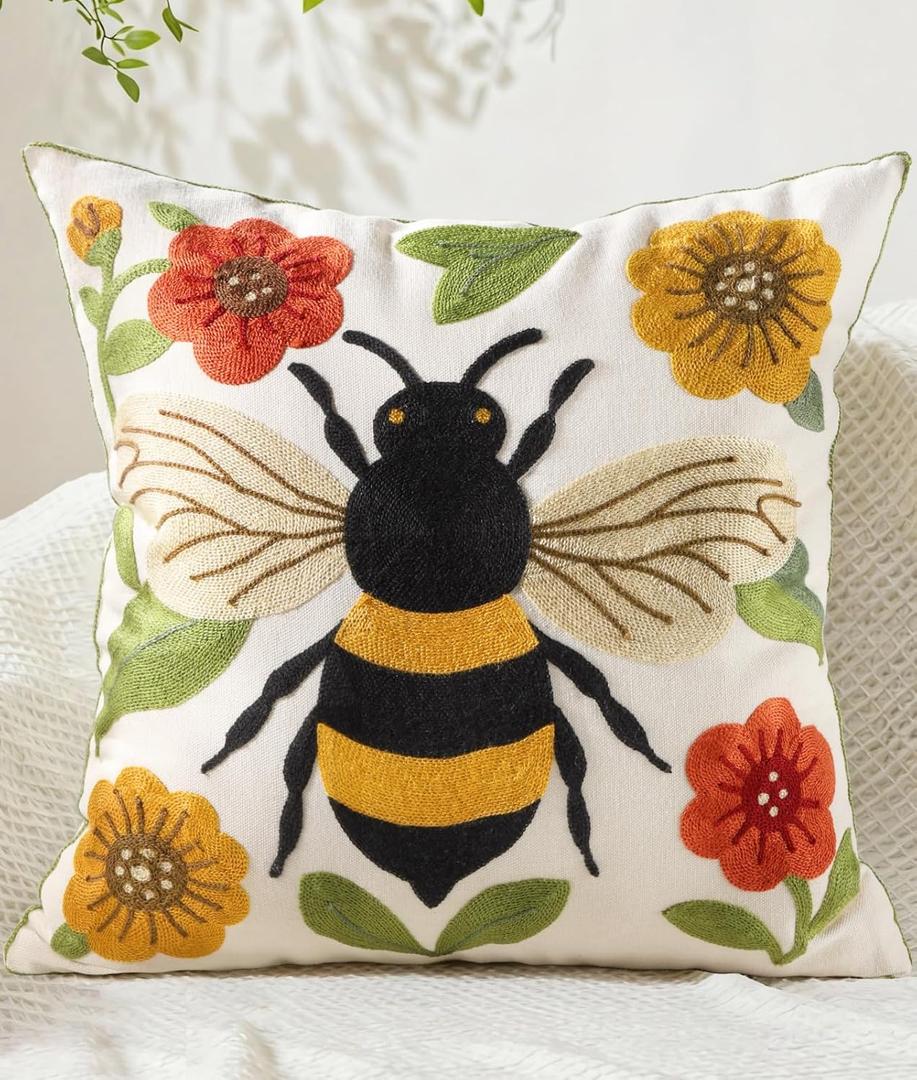 Embroidered Throw Pillow Cover 18x18 Inch - Spring Boho Decorative Animal Pillow Covers with Zipper for Couch Sofa Bedroom Living Room Cushion Pillowcase, Bee Floral