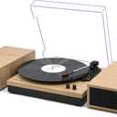 LP&No.1 Vinyl Record Player with Stereo Bookshelf Speakers, 3-Speed Belt-Drive Turntable for Vinyl Albums with Wireless Music Playback, Built-in Pre-Amplifier & Auto Stop | Beige Wood