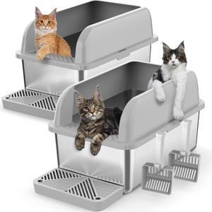 2 Pack 8" Deep Stainless Steel Litter Box with Lid, Extra Large & Deep Stainless Steel Cat Litter Box for Multipul Cats, Metal Litter Pan with Anti-Leakage High Wall, Litter Pan Easy Cleaning