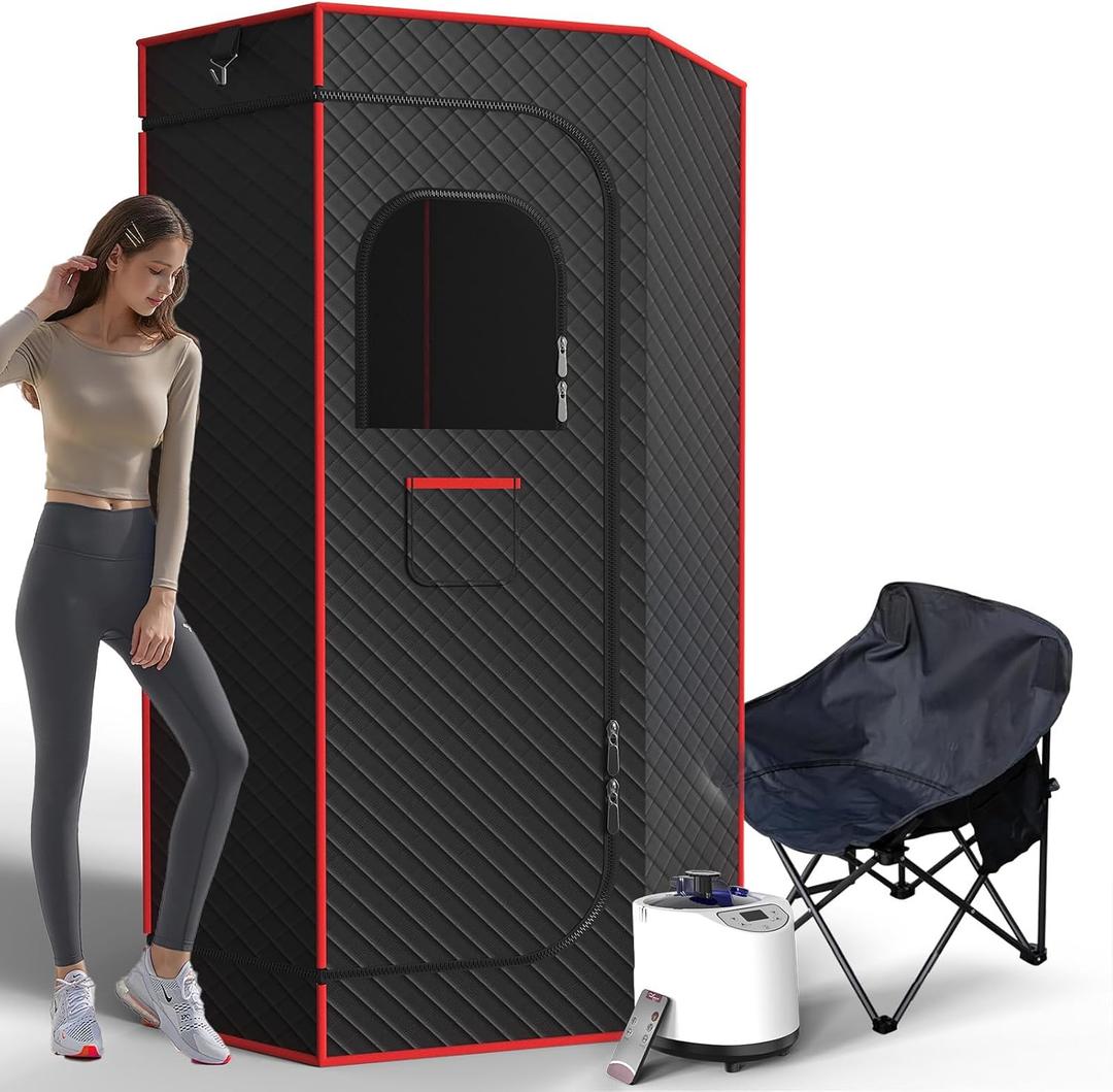 Portable Sauna Box, Steam Sauna for Home with 3L Steamer, Remote Control, Folding Chair and Mat, Personal Sauna Tent for Wellness & Relaxation, 15 Levels, Red