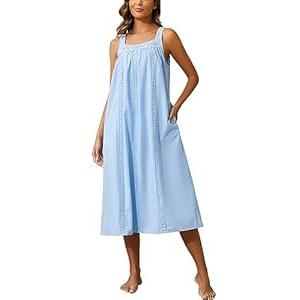 YOZLY Cotton Nightgowns for Women Embroidery Sleeveless Night Gown with Pockets, Blue, X-Large