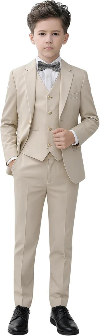 YuanLu Boys Suit for Kids Tuxedo Wedding Ring Bearer Outfit, 5 Piece Boy Slim Fit Formal Suits with Adjustable Waist (2T, Light Champagne)