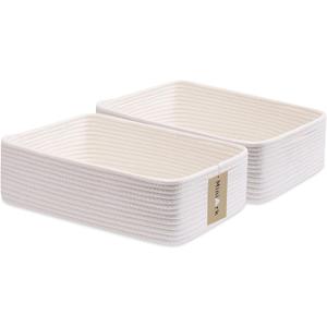MiniArk Large Shallow Organizing Baskets 15x11x5.1 Inches - Rope Woven Storage Bins for Bathroom, Shelves, Cube Closet, Off White 2 Packs