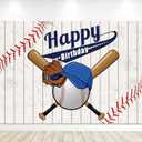 Baseball Happy Birthday Backdrop 7Wx5H for Boys Kids Sports Themed Bday Party Retro Blue Stripes Polyester Fabric Photography Background Decoration Unique Cool Fabric Photo Shoot Studio Props