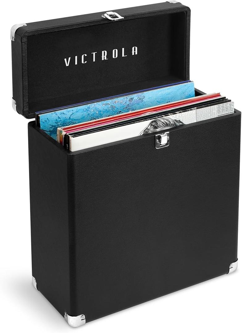 Victrola Collector Record Storage Case Holds 30+ Vinyl Turntable Records, Heavy-Duty Hardware, Hinges, & Smart Metal Corners, Portable with Easy-Carry Handle (Black)