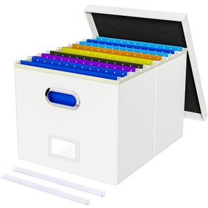 Oterri File Organizer Box,Filing Box with Lid,File Box for Letter/Legal File Folder Storage, Portable Hanging File Box for Office/Decor/Home,1 Pack, White(Leather),Box only