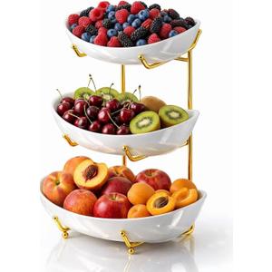 3-Tier Ceramic Fruit Bowl with Reinforced Thickened Gold Metal Stand, Nano-Glaze Porcelain Tiered Serving Tray, Heavy-Duty Kitchen Counter & Party Dessert Display