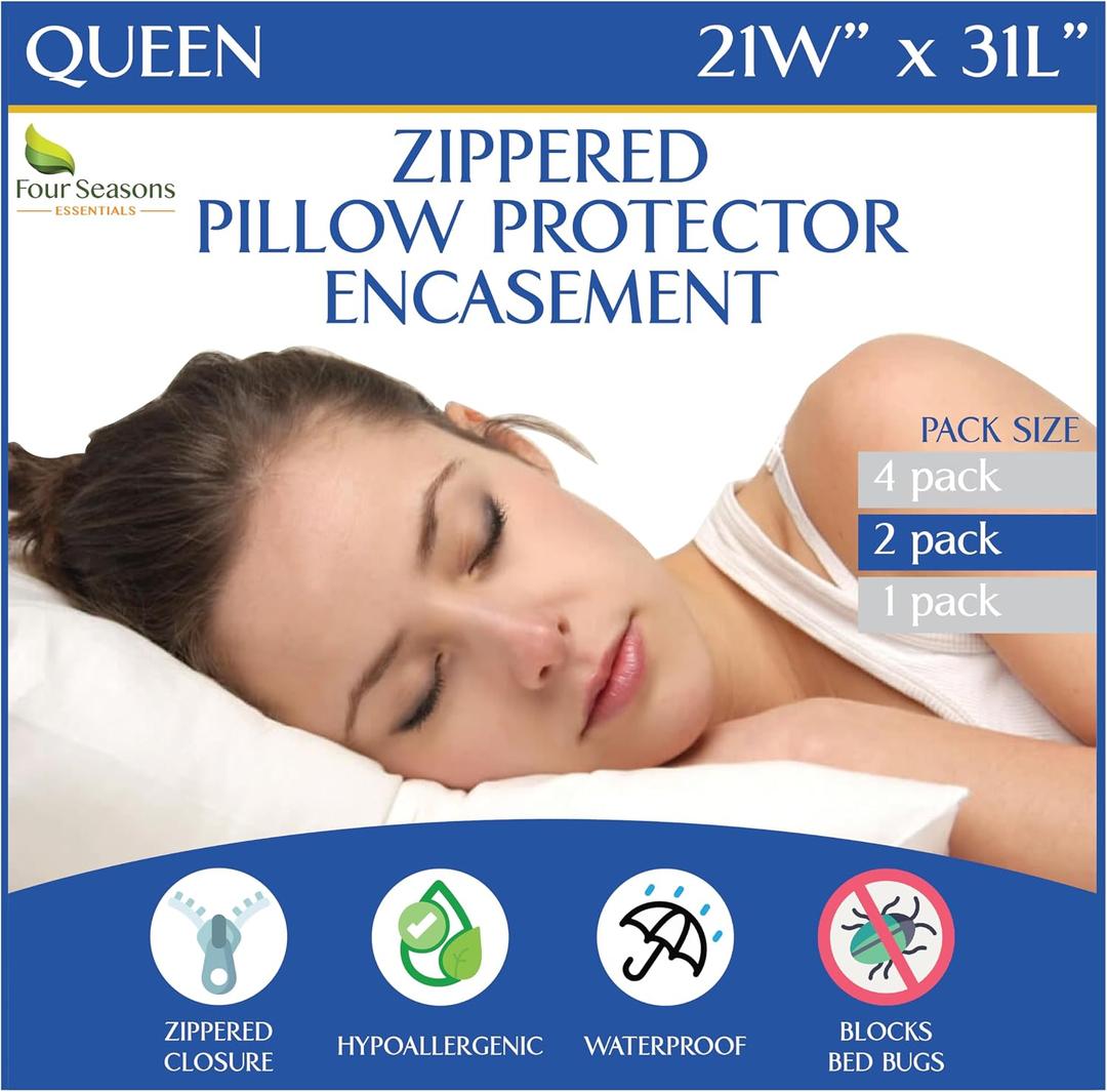 Queen Size Waterproof Pillow Protectors (Set of 2) Zippered Hypoallergenic Pillowcase Cover Allergen Dust Proof Encasement