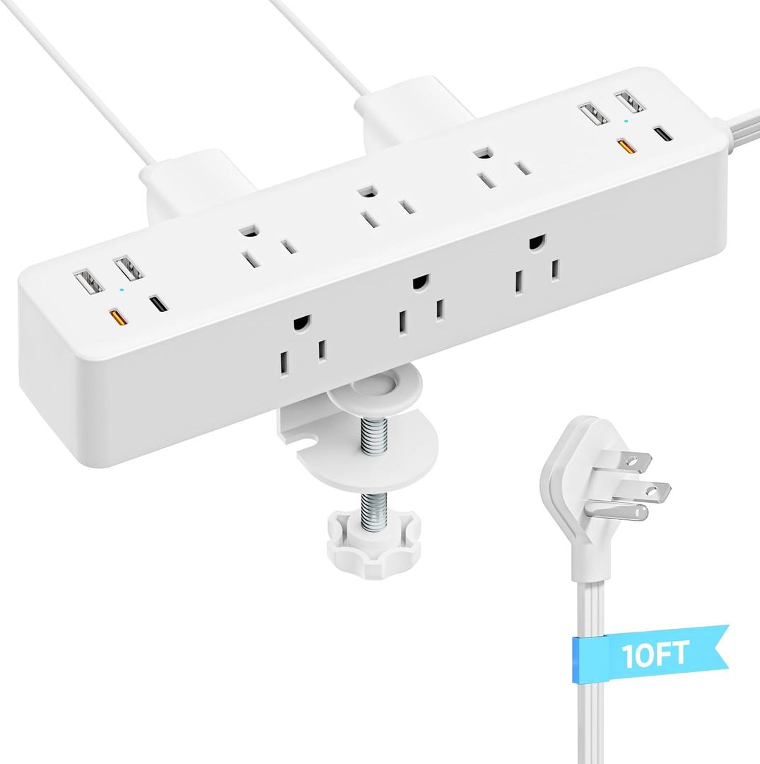 17-in-1 Desk Clamp Power Strip with 40W Fast Charging Station, ACOZVIN 10ft Flat Plug Surge Protector, 9 AC Outlets 8 USB Ports(4 USB C), Desk Outlet for Home Office, Fit 1.7" Tabletop Edge, White