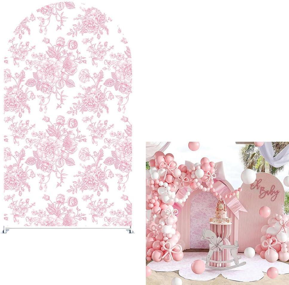 Arch Backdrop Cover Pink Floral Bows Birthday Party 2-Sided Arch Stand Spandex Fabric Covers Girls Baby Shower Fiesta Parties Decorations (2.6x6ft Cover, G4029)
