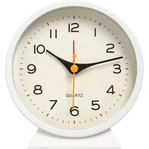 SHISEDECO 4.5" Battery Operated Antique Retro Analog Alarm Clock, Small Silent Bedside Deskclock with Light Function, Non-Ticking Tableclock Decor for Living Room, Bedroom, Bedside, Shelf (White)