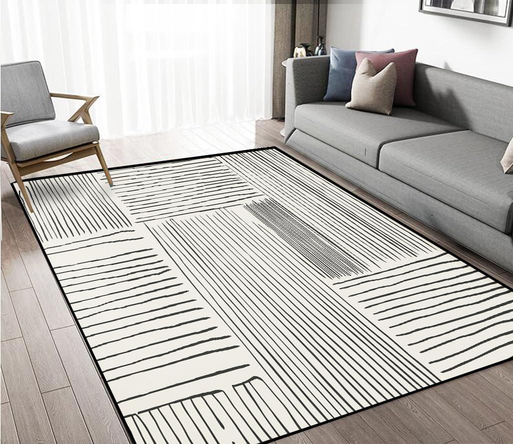 Area Rug 5x7 Feet Abstract Lines, Non-Slip Comfort Floor Mat Washable Rug Modern High Traffic Durable for Living Room, Bedroom, Home Office (Green White)