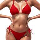 Women's Triangle Bikini Sets Two Piece Double Straps Halter Swimsuit Tie Side String Cheeky Bathing Suits (Medium, Red)