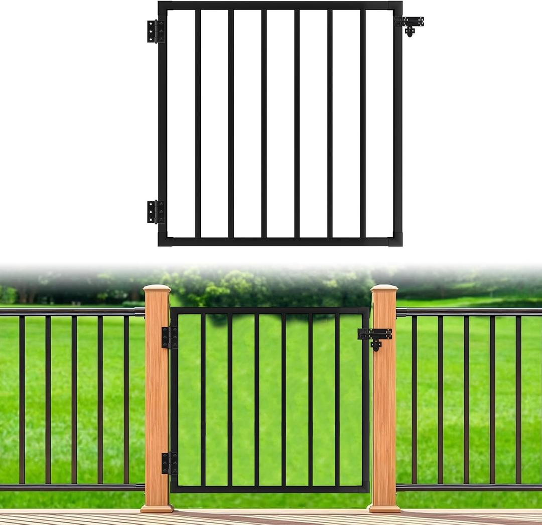 3ft.W x 36in.H Black Metal Fence Gate, Deck Gates Outdoor with Latch，Metal Garden Gate with Aama2604 Coat Finish Rust Resistant Finish for Yard, Patio, Deck and Outdoor Fence