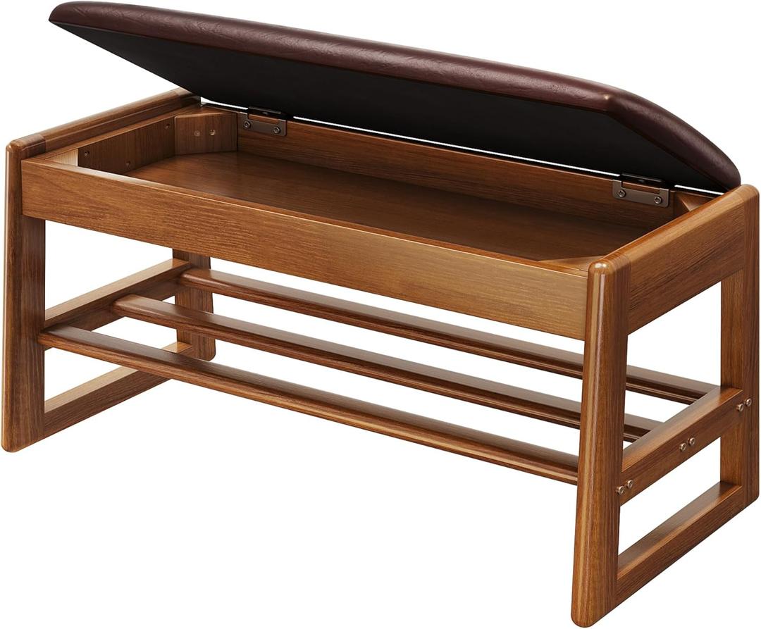 Shoe Rack Bench Seat Rubberwood 2-Tier Wooden Storage Bench 550lbs Compact Mid-Century Modern Design for Entryway, Hallway, Closet, Front Door Entrance, Foyer (31.5inch, Leather Cushion)