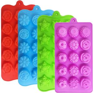 4 PACK Flower Shape Chocolate Candy Molds Set,DanziX Silicone 15 Cavity Baking Mold Ice Cube Tray for Wedding,Festival,Parties and DIY Crafts-Green,Blue,Red and Purple