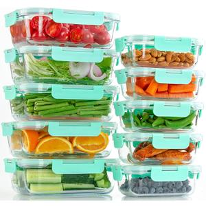 UMEIED 10 Pack Glass Food Storage Containers with Lids Leakproof, Airtight Glass Meal Prep Containers For Lunch, On The Go, Leftover, Dishwasher Safe (Mint)