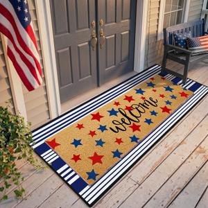 APUDWN 2 Pcs Extra Long Patriotic Welcome Door Mat Set for Double Door, 4th of July USA Stars Doormat with Blue White Striped Rug, Oversized Layered Entryway Decor for America 250th Anniversary