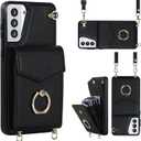 YYTVN for Samsung Galaxy S21 Plus Case 5G 6.7 inch, Minimalist Wallet Case with Ring Kickstand and Shoulder Strap, Shockproof Stylish Protective Cover for Galaxy S21 Plus -Black