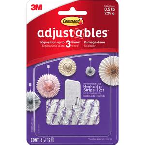 Command Adjustables Repositionable Mini Hooks, Plastic, White, 0.5 Lb Capacity, 6 Hooks and 12 Strips