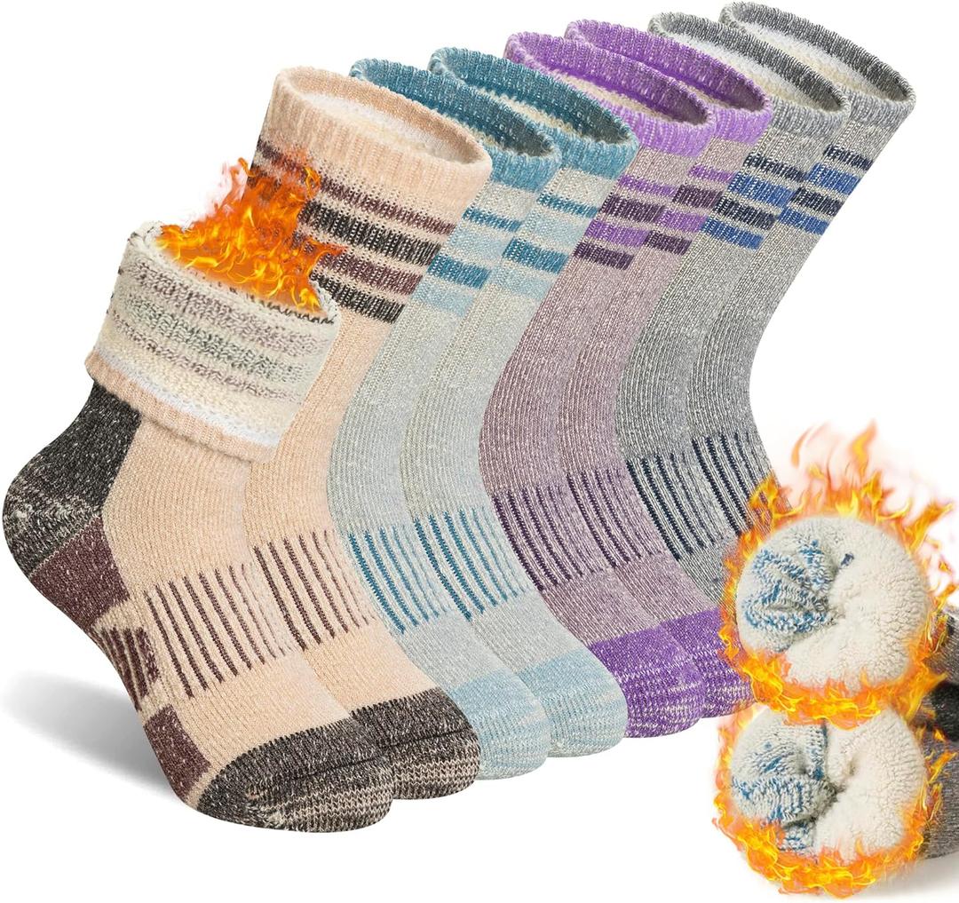 SeeyAN Kids Merino Wool Hiking Socks Boys Girls Thermal Winter Warm Boot Toddlers Thick Cushion Socks 4 Pairs (8-12 Years)