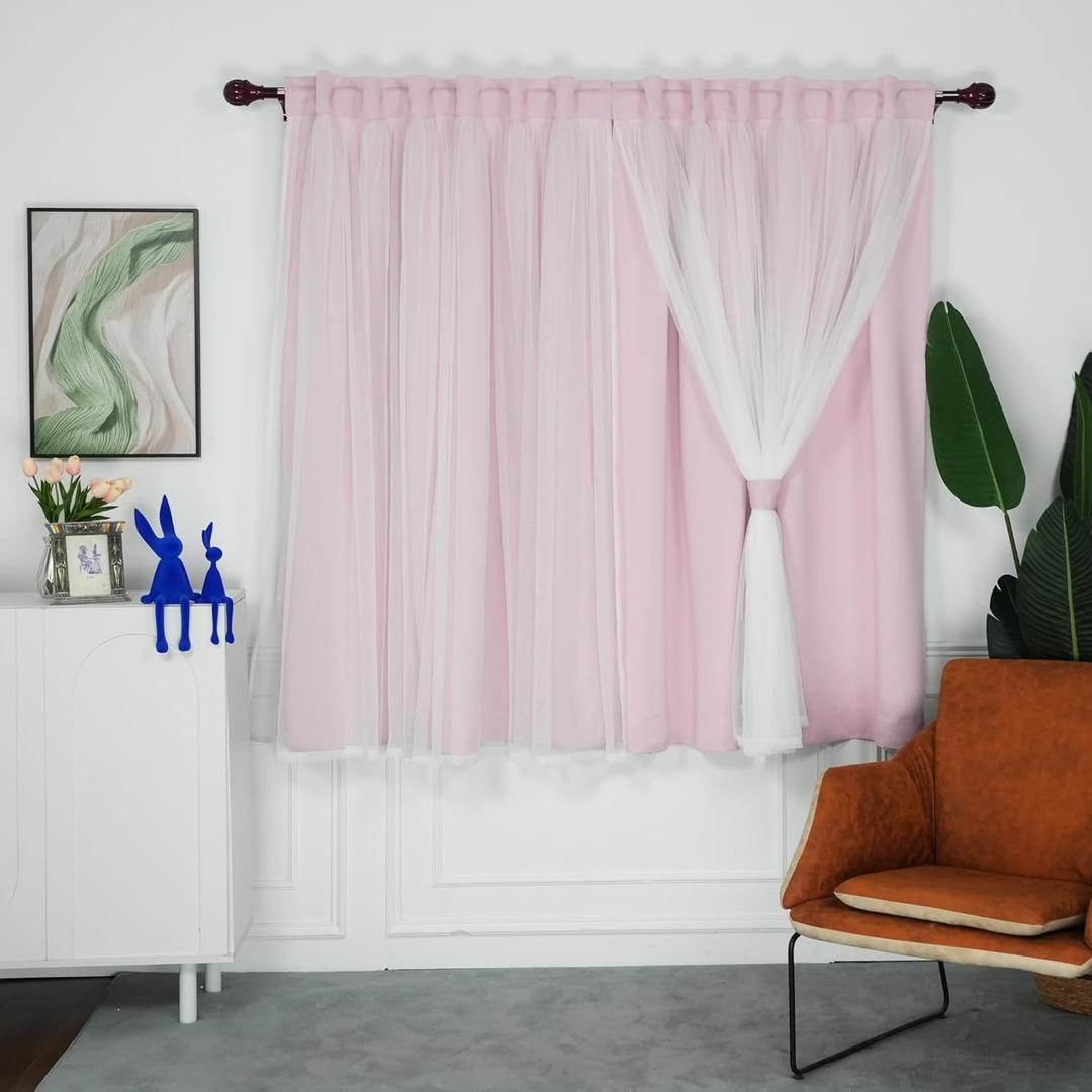 INLINAS Pale Pink Blackout Curtains with Sheer Overlay - Rod Pocket Thermal and Noise Reduction Panels for Bedroom and Living Room Light Blocking and Energy Saving, 52 x 63 Inches, Set of 2 INLINAS Pale Pink Blackout Curtains with Sheer Overlay - Rod Pocket Thermal and Noise Reduction Panels for Bedroom and Living Room Light Blocking and Energy Saving, 52 x 63 Inches, Set of 2