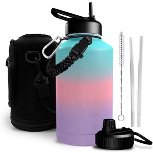 Rogashop 64 oz (Half Gallon) Gallon Water Bottle - Triple Walled Insulated Water Bottle Leak Proof Stainless Steel Water Bottles Water Bottle with Straw & Paracord Handle (Gradient - Multicolor)