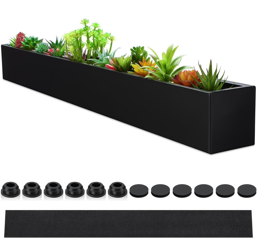 FillTouch 1 Pcs Long Rectangular Planter Box Window Sill Plant Box Metal Water Trough Indoor Large Modern Steel with Drainage Holes Herb Garden Home (32 x 3.5 x 3.5 Inch,Black)