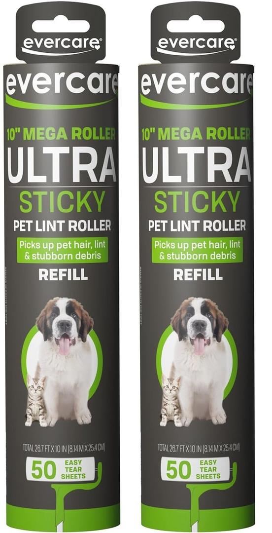 Evercare 10 Mega All-Purpose Pet Hair Lint Roller Refills, 2 Pack, 50 Sheets Each Sticky Roller for Pet Hair, Cat & Dog Hair Remover, Lint Remover, Pet Hair Remover for Furniture, Clothing & Cars
