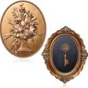Kathfly 2 Pack Vintage Wall Sculptures Gold Flower Wall Art and Oval Embossed Intricate Key Decor Antique Statue Victorian Hanging Decor for Gallery Living Room Entryway, Gift for Couple Housewarming