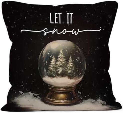 MONALET Winter Christmas Snow Globe Throw Pillow Covers 18x18, Let It Snow Decor Pillow Cases for Bedroom Living Room, Dark Academia Farmhouse Decorative Square Pillowcases for Couch Bed Sofa