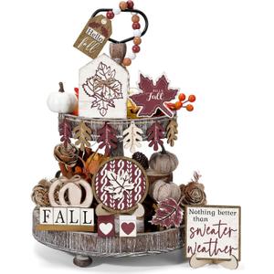 18 Pcs Fall Thanksgiving Tiered Tray Decor Set Maple Leaf Pumpkin Wood Sign Hello Fall Rustic Farmhouse Tray Decoration Tabletop Sign for Autumn Harvest Home Kitchen Festival(Leaf Pumpkin)