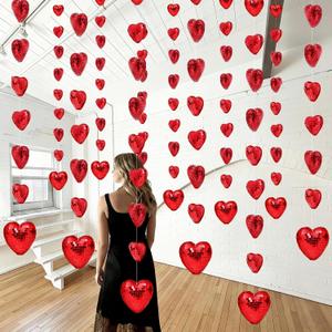 6 Pcs 4.9 ft Red Disco Heart Garland Decorations 3D Disco Heart Garland Mirror Glitter Hanging Banner Backdrop Reflective Decor for Wedding Birthday Bridal Shower Anniversary Party Decor