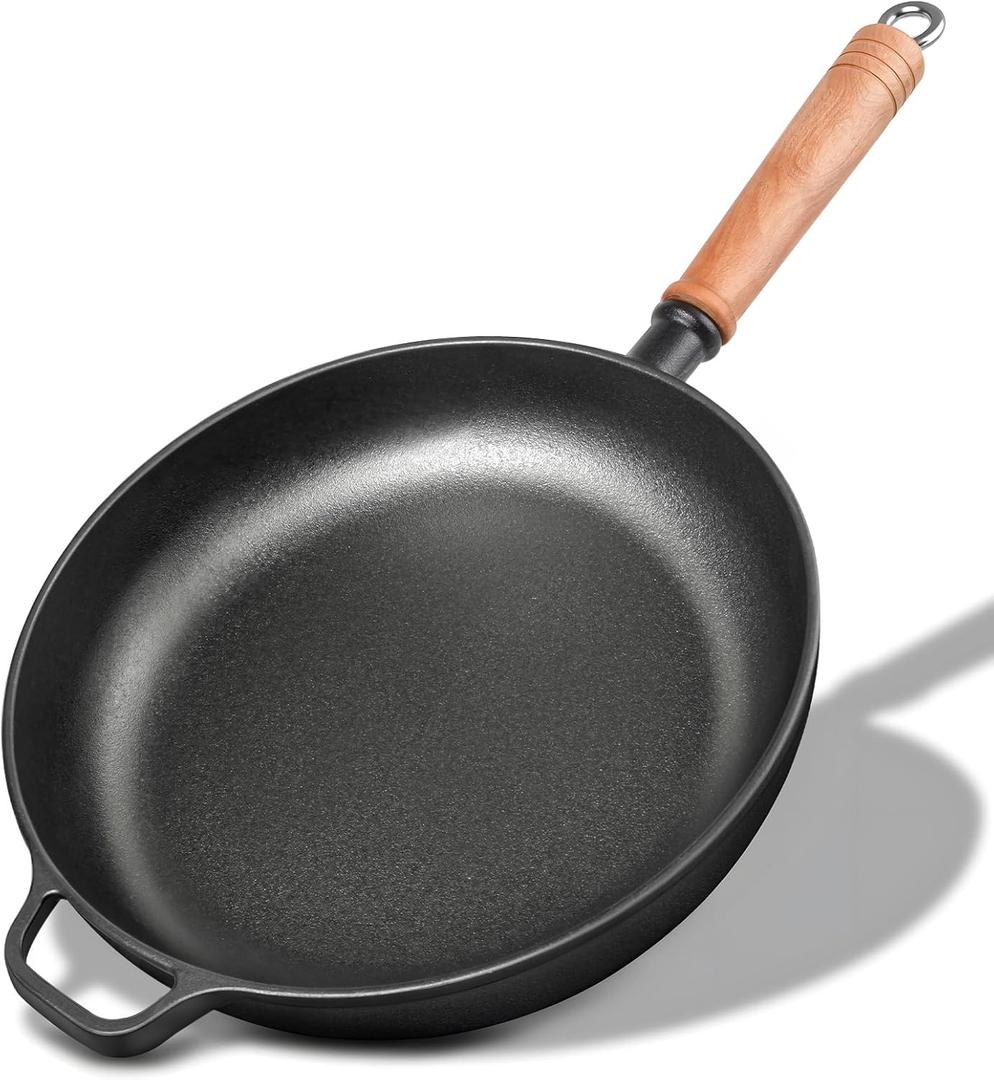 12" Cast Iron Skillets with Removable Wooden Handle, Pre-Seasoned Frying Pan for Stove, Oven, Grill & Campfire Cooking (1, 12")