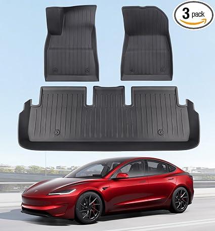 2025 New Version Floor Mats for Tesla Model 3 Highland - Custom Fit All Weather TPE Front & Rear Row Mats, 3-Piece