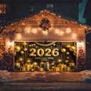 Happy New Year Banner 13x6ft New Year Eve Celebration 2026 Garage Door Banner Elegant Black and Gold Backdrop New Year's Eve Garage Door Cover Decoration for Celebration Party Indoor Outdoor House Wall Background