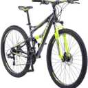 Schwinn Traxion Mountain Bike for Adult Men Women, 29-Inch Wheels, Full Suspension, 24-Speed Shimano Drivetrain, Trigger Shifter, 18-Inch Aluminum Frame, Mechanical Disc Brake, Matte Grey/Neon Green