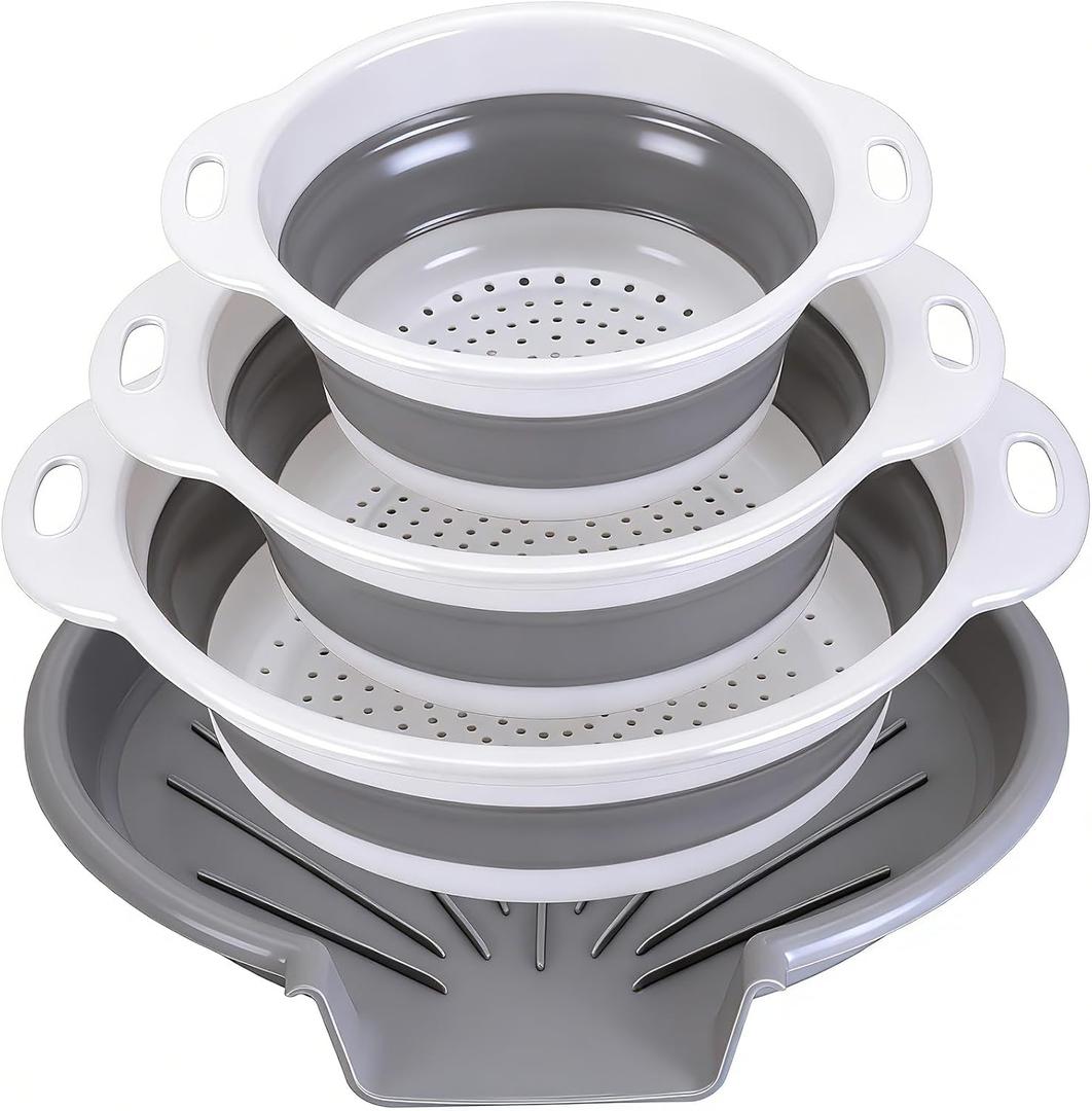 Collapsible Colander Set with Oversized Draining Tray | 3-Pack Foldable Kitchen Strainers + Base | Space Saving for Pasta, Veggies, Fruit & Rice | 5 Colors (Gray-White)