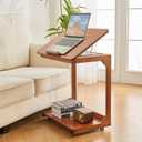 Uniclinens C-Shaped End Table with Wheels, Solid Wood Adjustable C Side Table for Sofa, Bedside Table with Lockable Casters, Wooden Nightstand for Living Room Bedroom, Teak Tone (15.7"D x 23.6"W x 24.8"H)