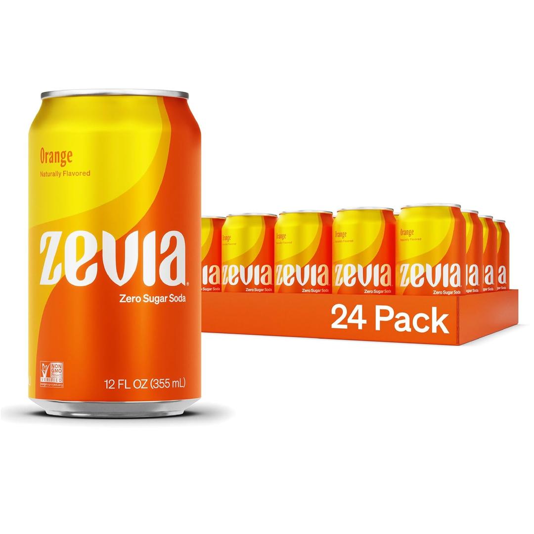 Zevia Zero Sugar Soda, Orange, 12 oz Cans (24-Pack)  Naturally Sweetened, Non-GMO Project Verified, Gluten-Free, Vegan