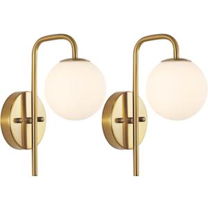 Modern Gold Globe Wall Sconce Set of 2 Industrial Mid Century Bathroom Vanity Wall Light with White Globe Glass Shade Brushed Brass Wall Lamp for Restaurant Living Room Bedside